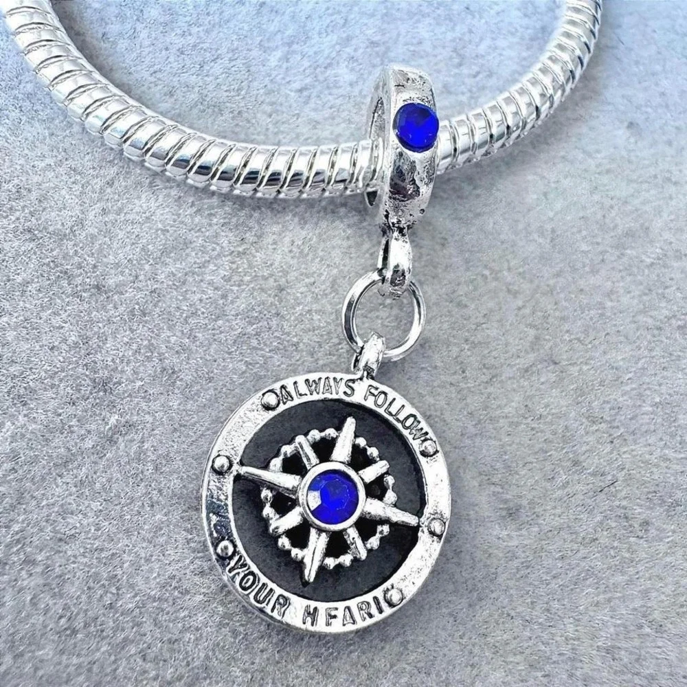 Compass Always Follow Your Heart Blue Crystal Dangle Charm fits PANDORA
